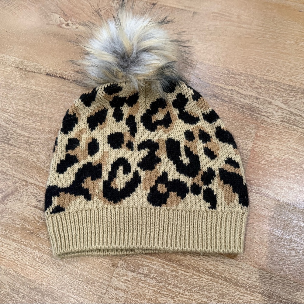 J. Crew Kids Leopard Print Beanie with Pom Pom
